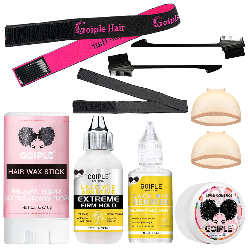Wig Accessory Essentials Kit Lace Front Wig Glue & Remover, Wig Caps, Elastic Band, Hair Wax Stick, Edge Control, Edge Brush, Hair Shear Dermaplanning Razor Tool and Edge Scarf - 10PCS