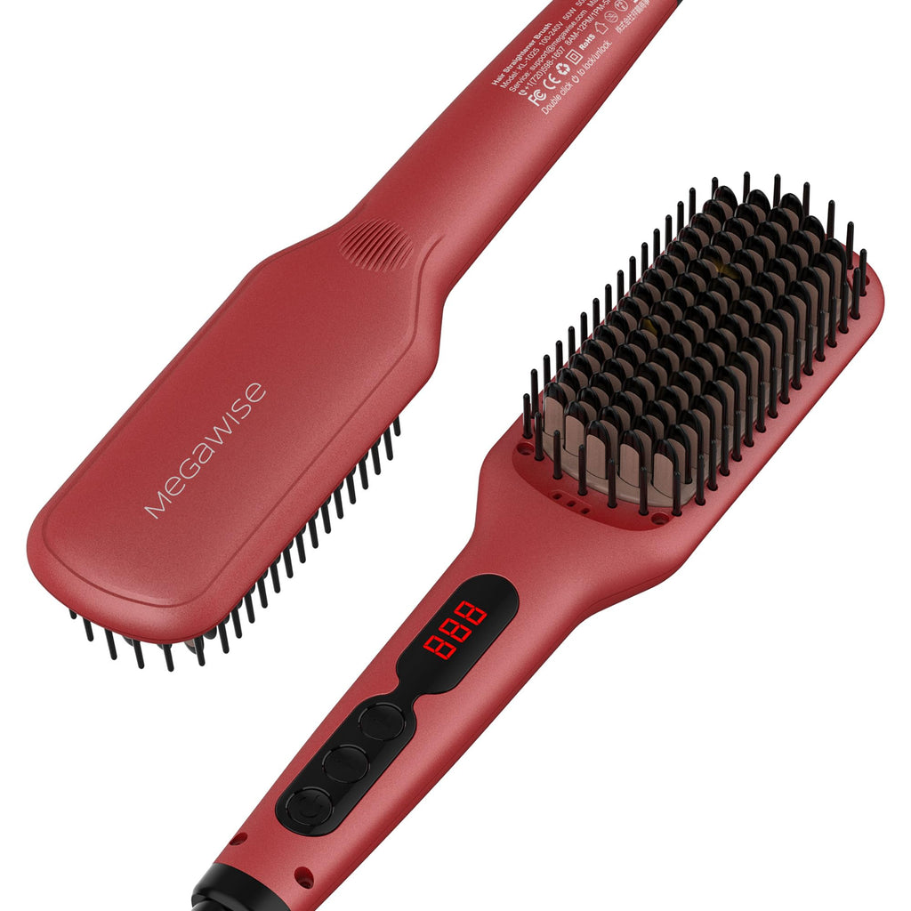 MEGAWISE Hair Straightener Brush Pro, Fast Heating Ceramic Ionic Brush for Smooth Frizz-Free Hair, Safe Anti-Scald Design, Dual Voltage Travel Use (Tomato Red)
