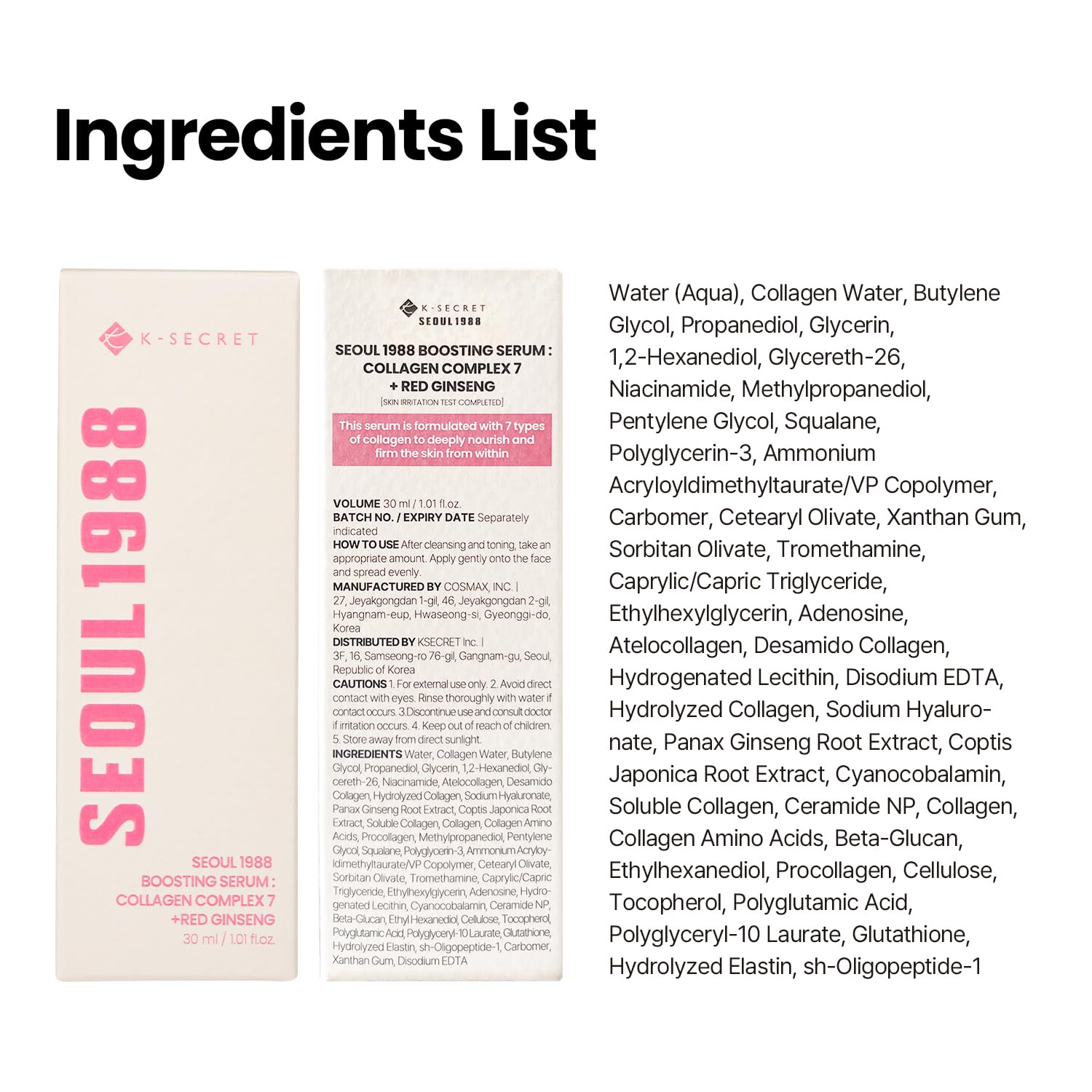 K-SECRET SEOUL 1988 Collagen Boosting Serum | Deeply Hydrating Serum with 7-Type Collagen Complex, Niacinamide, Ceramide NP, and Red Ginseng | Korean Skincare, 30ml / 1.01 fl oz