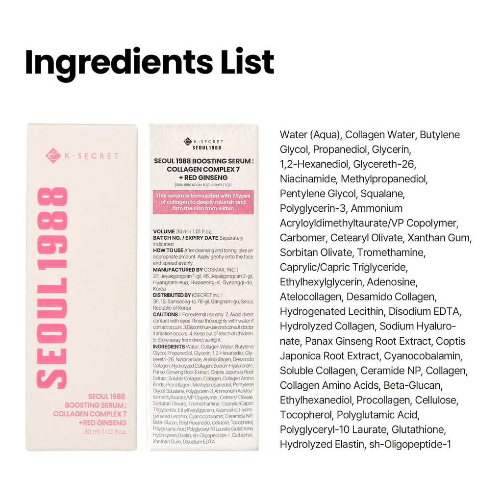 K-SECRET SEOUL 1988 Collagen Boosting Serum | Deeply Hydrating Serum with 7-Type Collagen Complex, Niacinamide, Ceramide NP, and Red Ginseng | Korean Skincare, 30ml / 1.01 fl oz