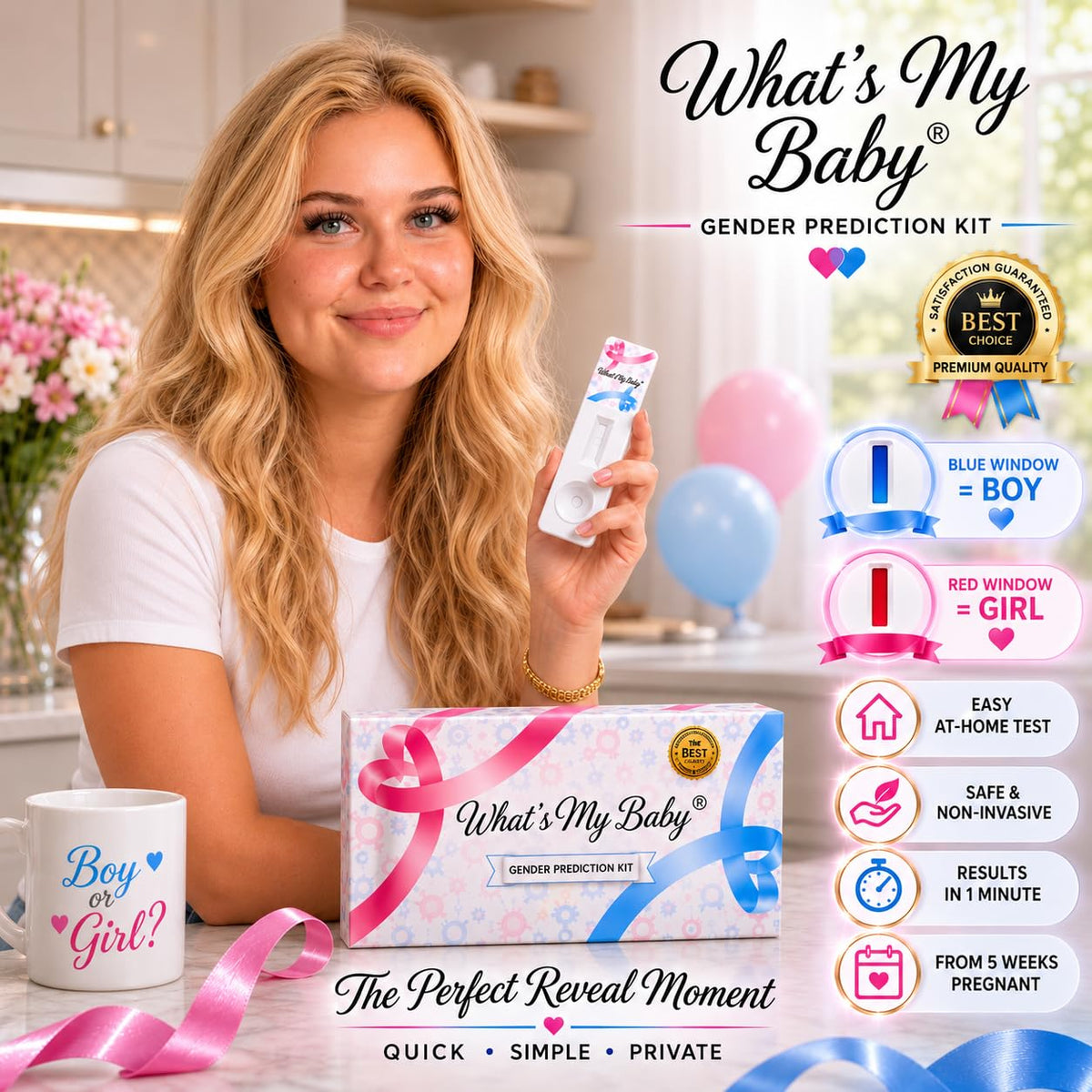 Whats My Baby® Early Gender Test - Reveal if Your Baby is a Girl or Boy from 5 Weeks - Instant Results - Gender Reveal Early Pregnancy Prediction Test Kit