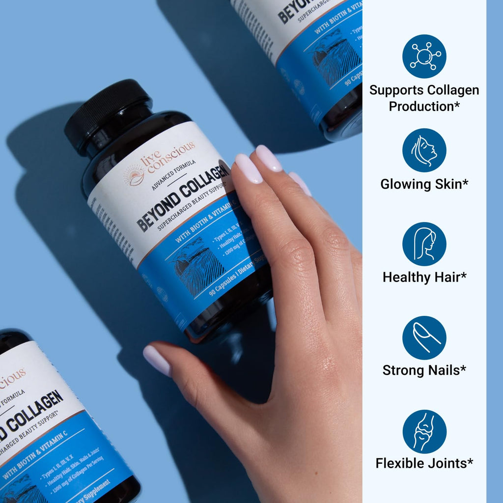 Live Conscious Beyond Collagen Multi Collagen Capsules - Types I, II, III, V & X - Hydrolyzed Blend with Biotin & Vitamin C for Hair, Skin, Nails 90 Capsules | Types I, II, III, V & X for Hair, Skin, & Nails - 90 Capsules