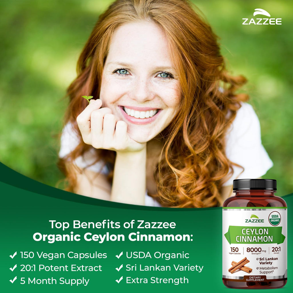 Zazzee USDA Organic Ceylon Cinnamon 20:1 Extract, 150 Capsules, Sri Lankan | Vegan, 5 Month Supply, Cinnamomum Verum, Antioxidant & Metabolic Support, All-Natural, Non-GMO, Made in the USA