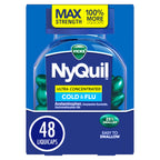 Buy now NyQuil Ultra Concentrated Cold and Flu Medicine, Nighttime, Relief for Cough, Sore Throat, Fever, Congestion, Easy to Swallow, Easy to Open Bottle, 48 LiquiCaps at indiglob india