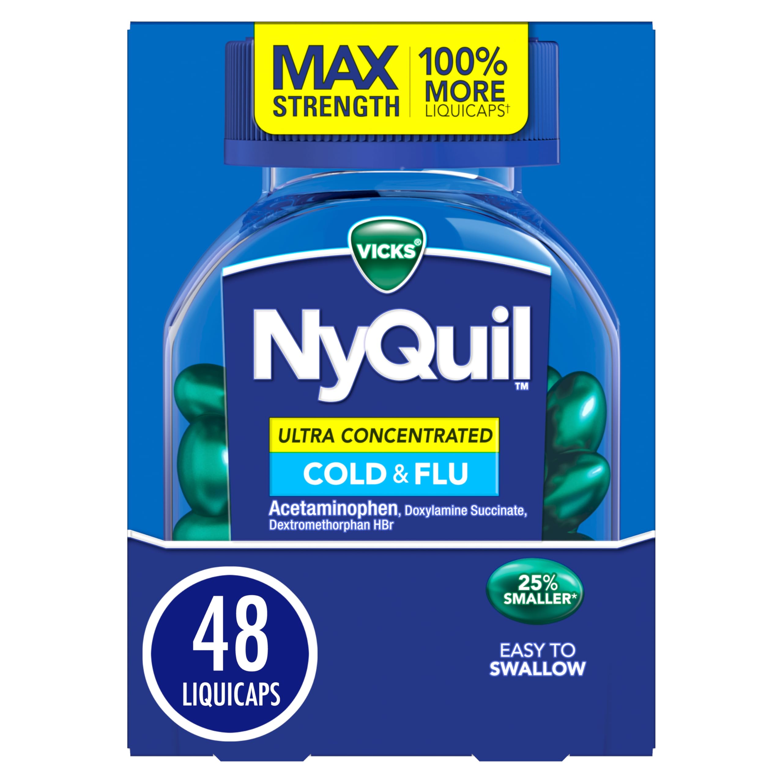 Buy now NyQuil Ultra Concentrated Cold and Flu Medicine, Nighttime, Relief for Cough, Sore Throat, Fever, Congestion, Easy to Swallow, Easy to Open Bottle, 48 LiquiCaps at indiglob india