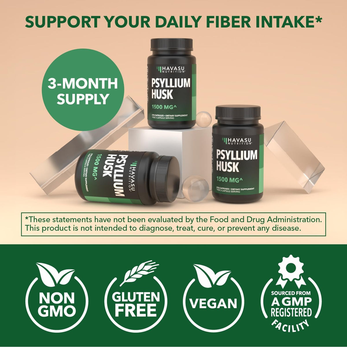 Vegan Psyllium Husk Fiber Capsules, GLP-1 Nutritional Support, 270 Pills