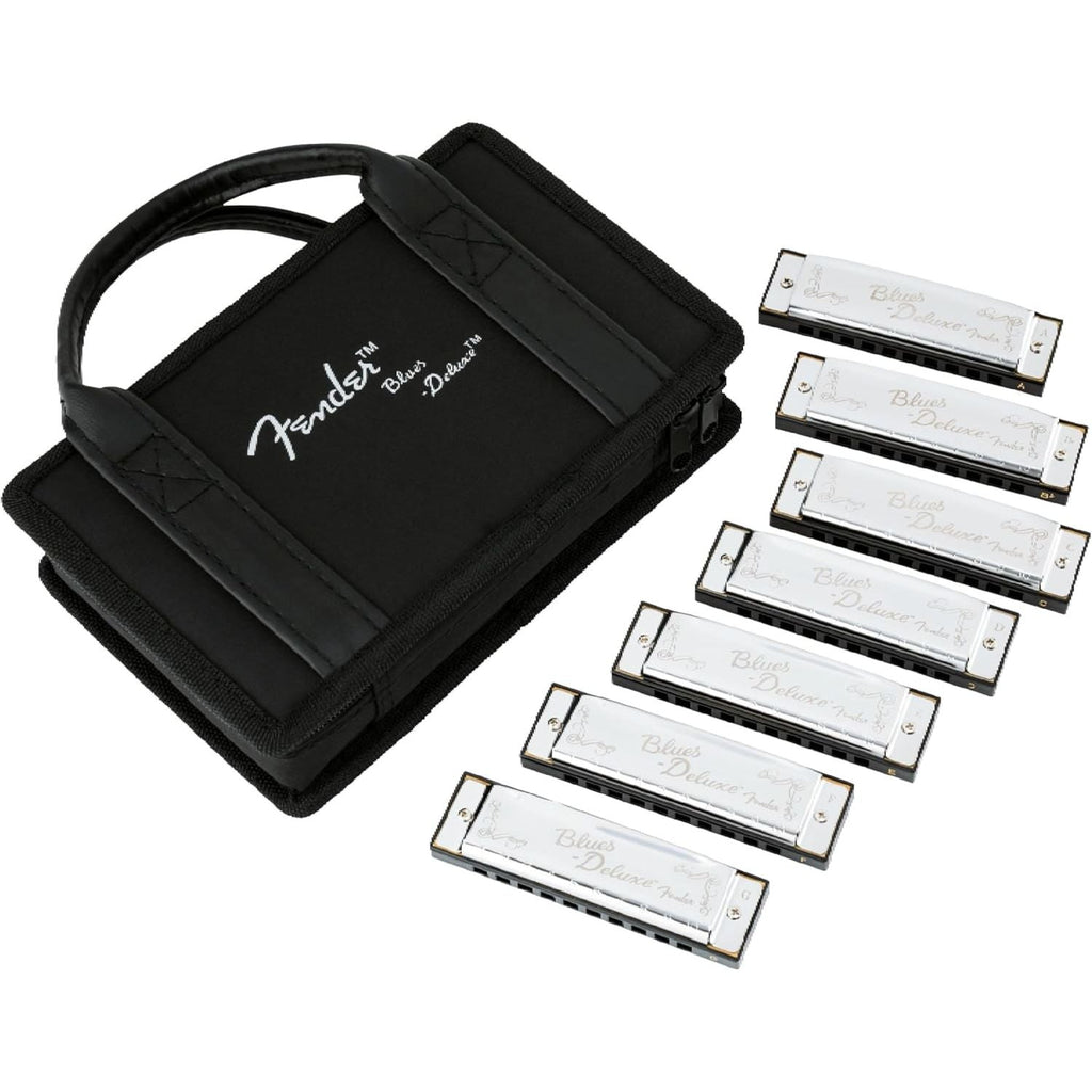 Buy now Fender Blues Deluxe Harmonica, Stocking Stuffers, Guitar Accessories, Pack of 7 with case (Keys C, G, A, D, F, E, B Flat) Pack of 7 Variety at indiglob india