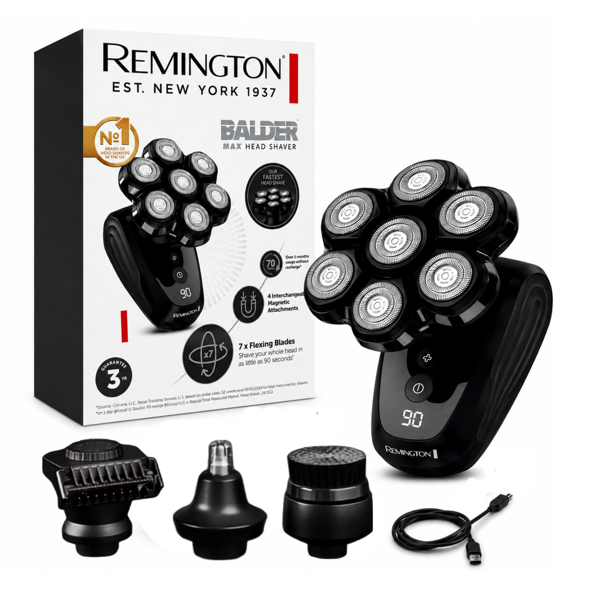 Remington Balder MAX Head Shaver for Men, 7-Head Rotary Wet & Dry Razor | Cordless Design for Flexible Use, 70-Min Runtime, rechargeable battery, wet & dry shaving, sleek black finish