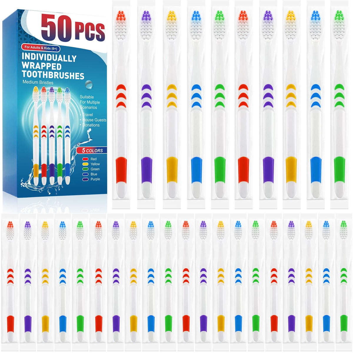 50 PCS Premium Individually Wrapped Bulk Toothbrush, Disposable Toothbrush