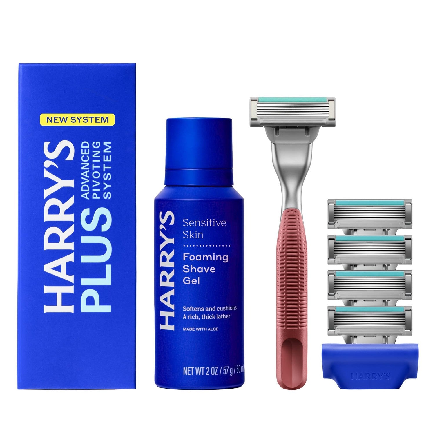 Harry's Plus Shaving Kit for Men - Premium Handle, 5 Razor Blade Cartridges, Foaming Shave Gel, and Travel Blade Cover - TSA Approved Travel Essentials - Advanced Pivoting System - Clay