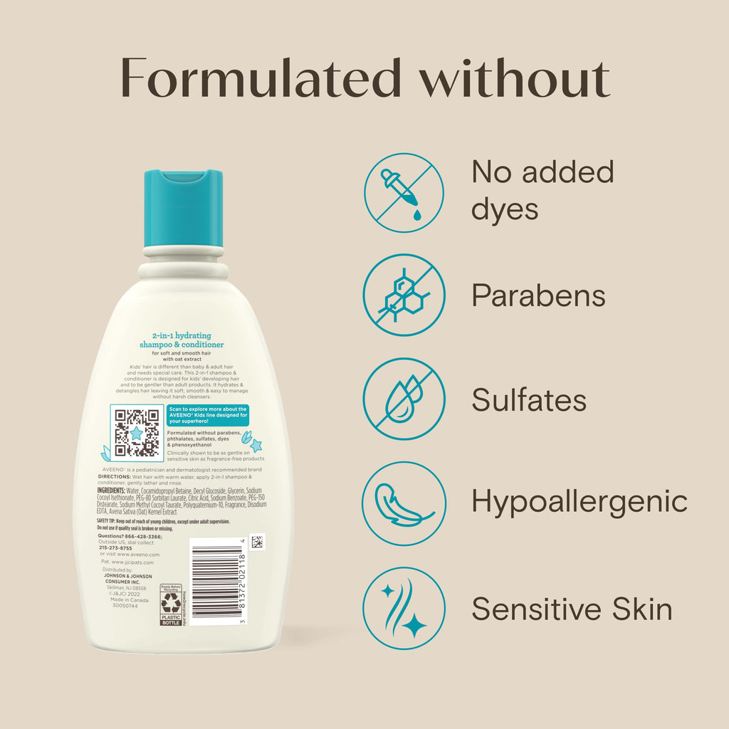 Aveeno Kids Shampoo & Conditioner, Hypoallergenic, 12 fl. oz | Kids Shampoo & Conditioner with Oat Extract, Condition & Detangle Kids Hair, Sensitive Skin and Scalp, Hypoallergenic