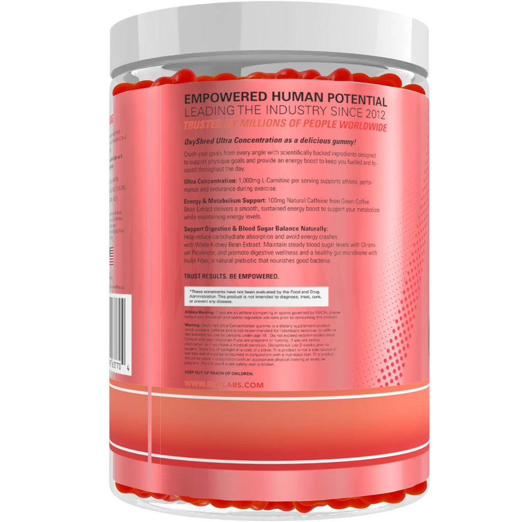 EHP Labs OxyShred Pre Workout Energy Gummies, Strawberry, 60 Servings | 100mg Natural Caffeine, 1000mg L-Carnitine, Vegan & Halal Friendly, No Artificial Colors, Zero Aspartame, HPLC Tested