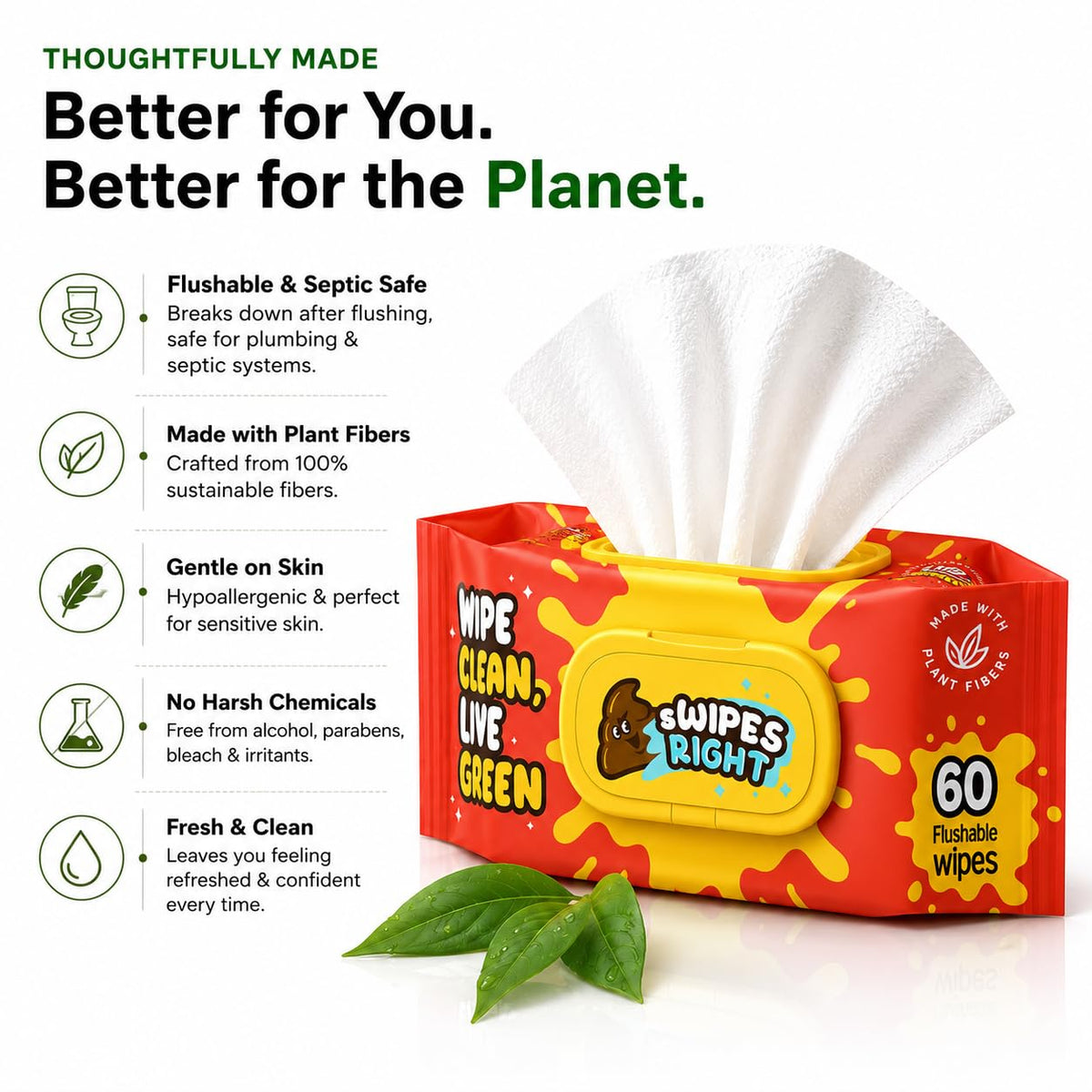 300 Wipes (Pack of 5) Flushable Wipes for Adult - Wipes Flushable Packs, Baby Wipes for Sensitive Skin, Wipes for Kids, Portable Travel Pack - Toilet Essentials for Gym & Office