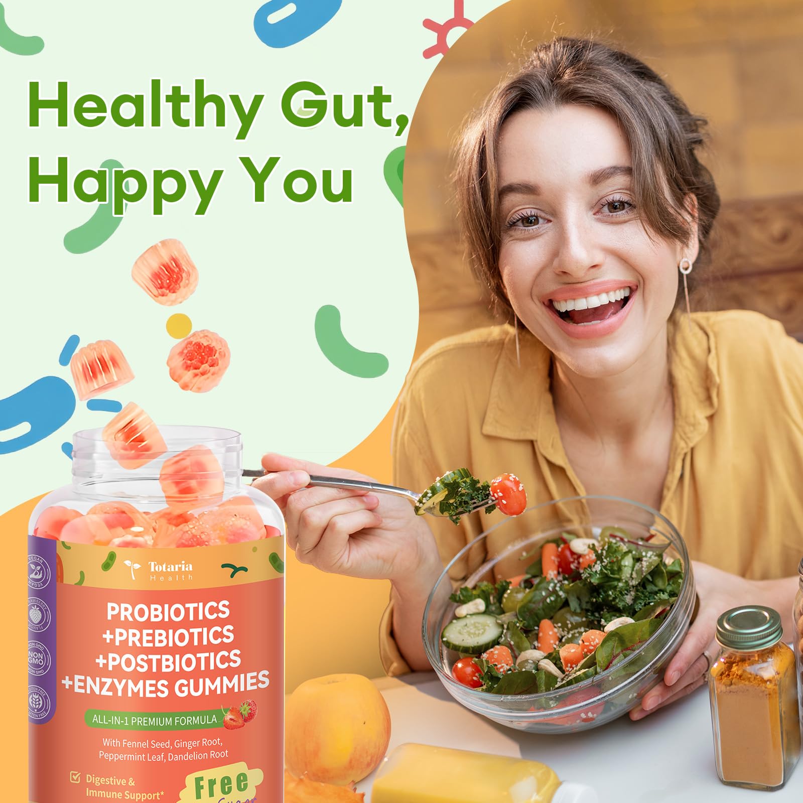 Totaria Sugar Free 5-in-1 Probiotic Prebiotic Postbiotic Gummy, 36 Strains Probiotics for Women Men with Fiber, Digestive Enzymes, Peppermint, Complete Immune, Gut & Digestive Support, Vegan, 60 Ct