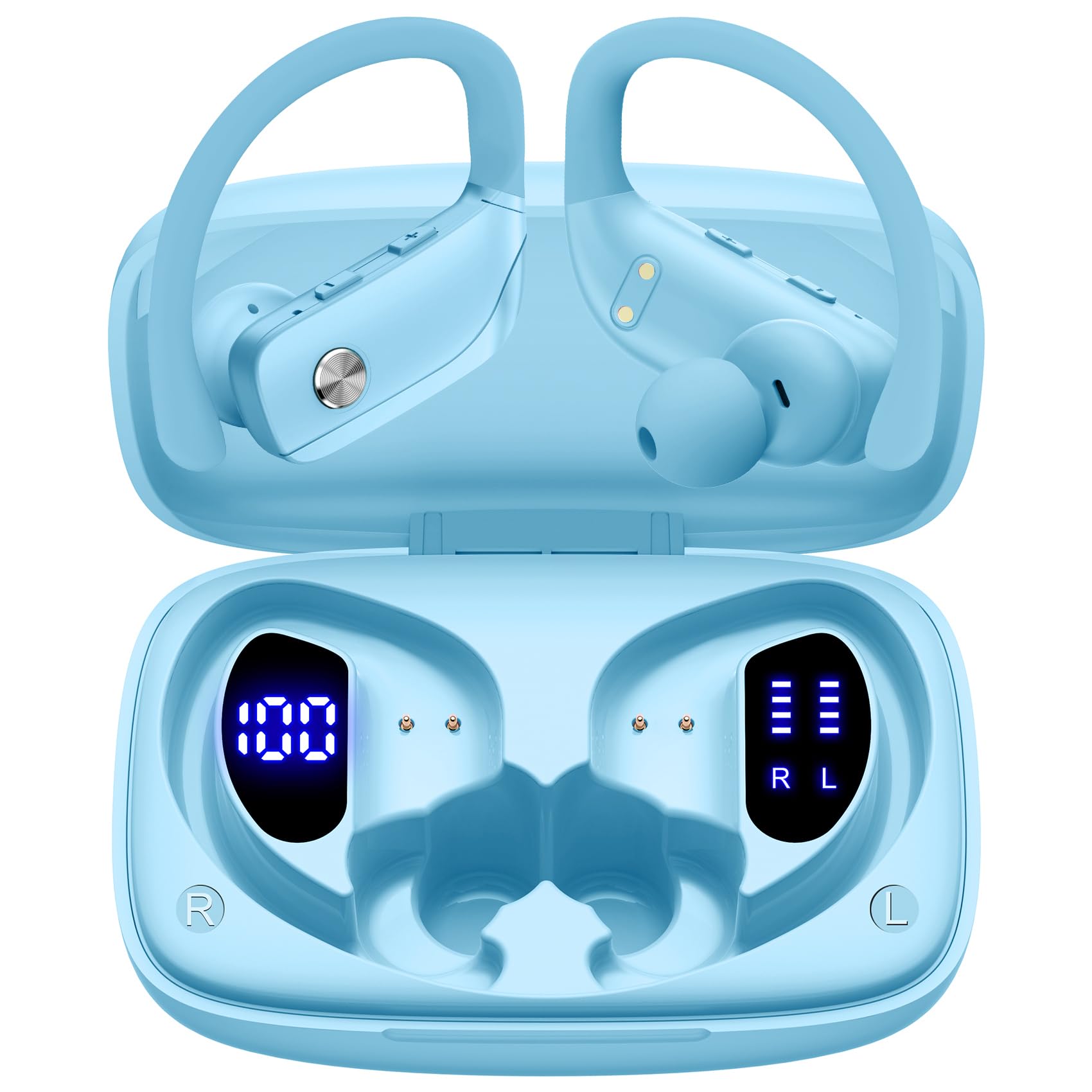 Buy now bmani Ear Buds Wireless Earbuds Bluetooth Headphones with 80H Playtime LED Display Case, Over-Ear Hook with Mic, Stereo Sound, Easy Button Controls, Sports Earphones for Running Workout Gym Black Standard Sky Blue at indiglob india