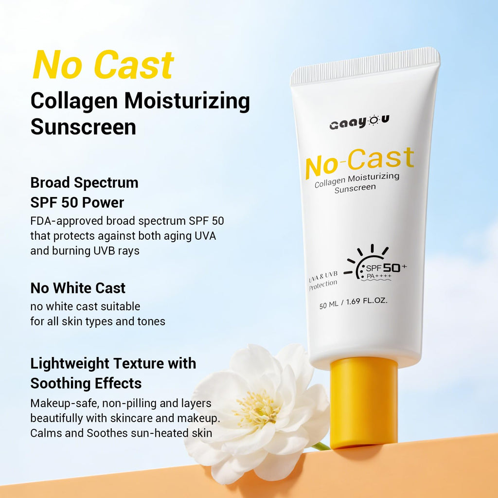 No Cast Moisturizing Sunscreen SPF50 PA++++ Collagen Facial Sunscreen Korean Sunscreen with Hyaluronic Acid, Oil Free, No White Cast Natural Sunscreen for All Sensitive Skin Type