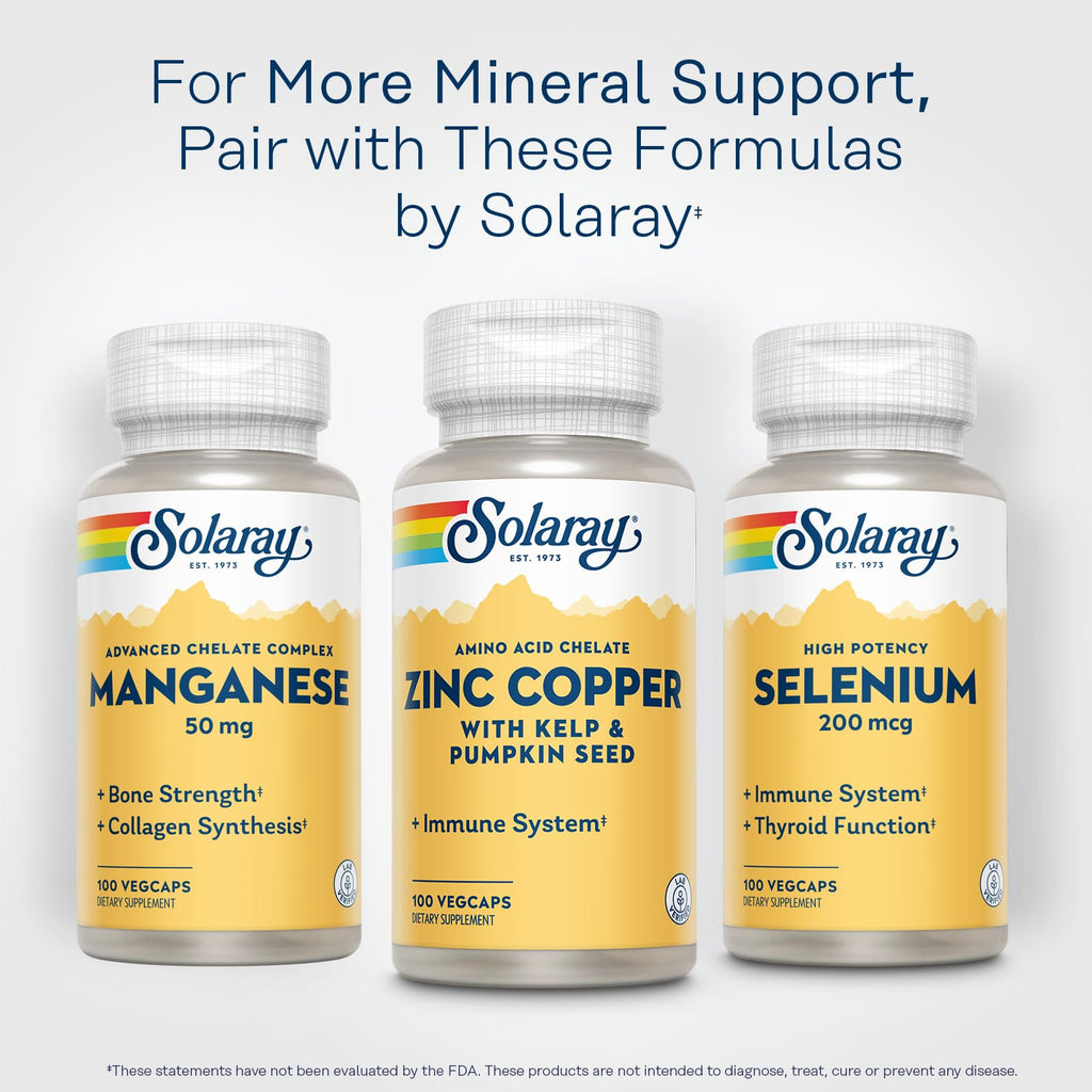 SOLARAY Zinc Copper Amino Acid Chelate, 100 VegCaps | Immune, Bone & Thyroid Support, Chelated Zinc, Copper & Iodine from Kelp, 100 Servings, Lab Verified