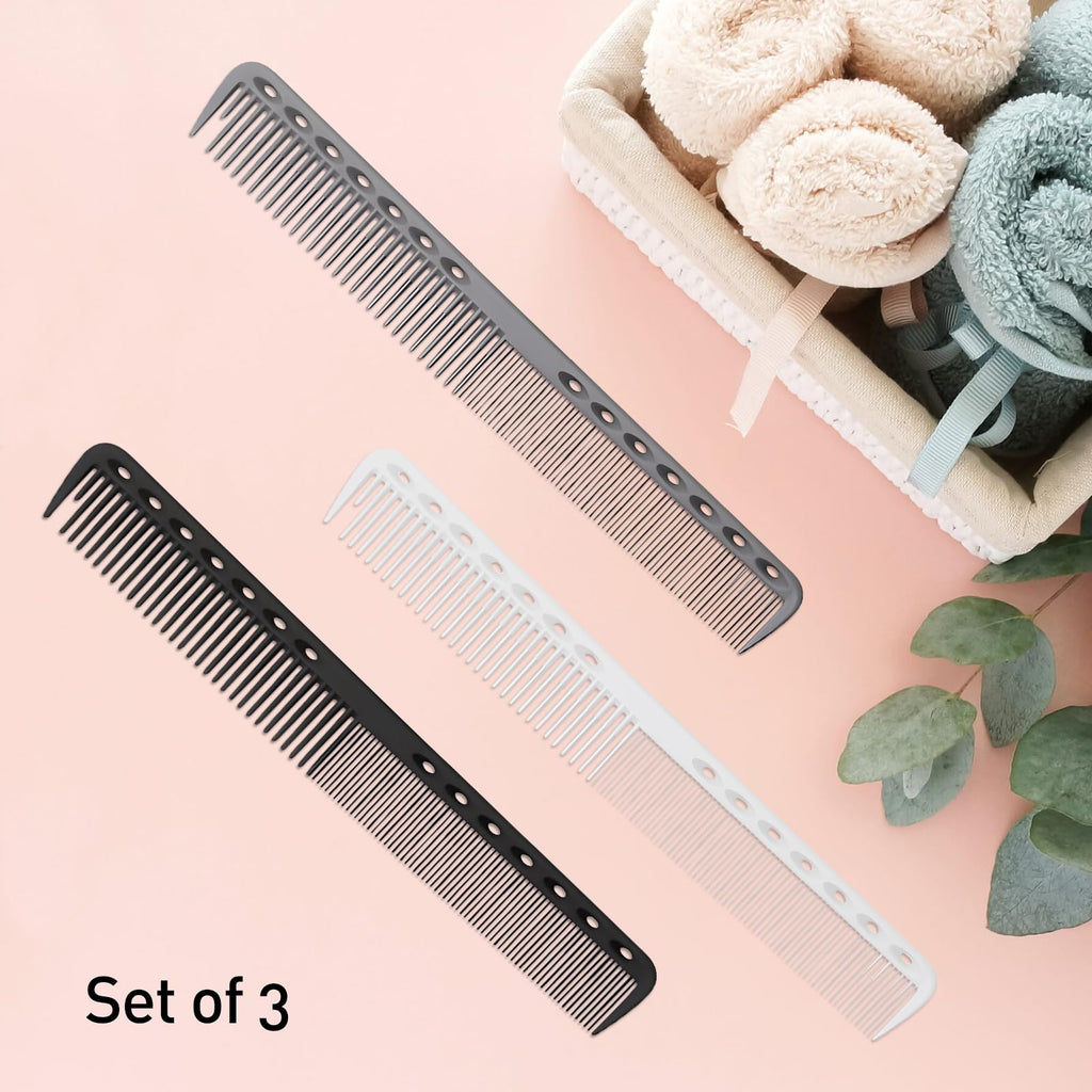 3-Piece Carbon Fiber Salon Hairdressing Comb Set - Fine Cutting Comb for Men & Women - Heat Resistant - Black, Grey, White