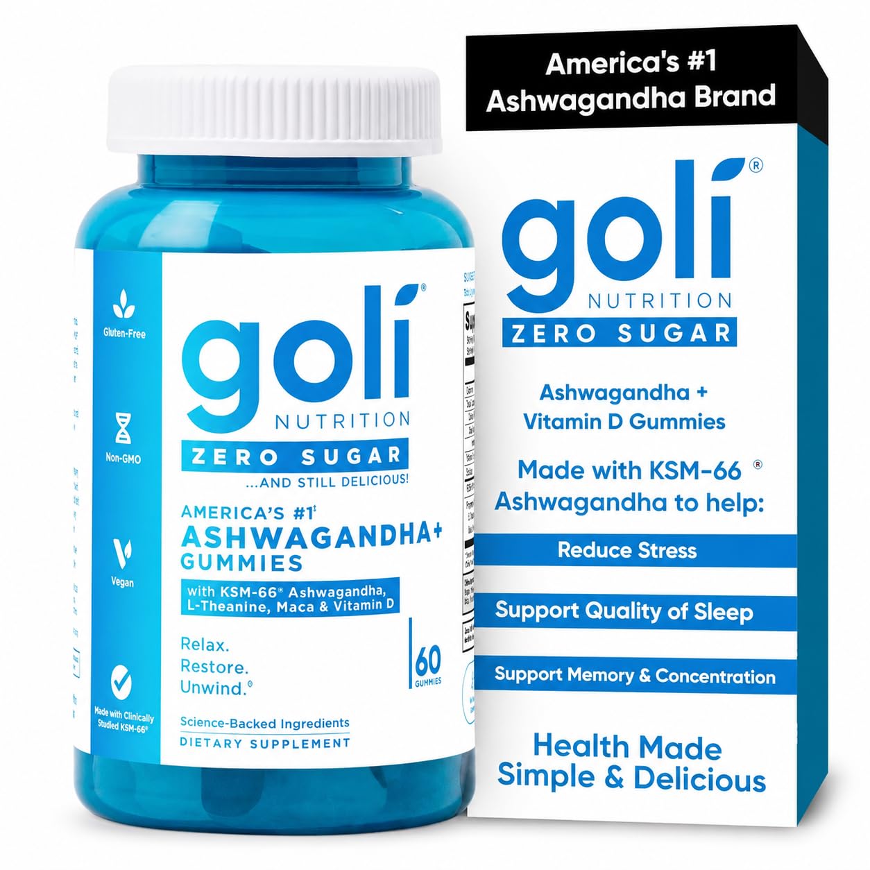 Goli Zero Sugar Ashwagandha Gummies with KSM-66, L-Theanine, Maca and Vitamin D - No Sugar Alcohols - Vegan, Keto-Friendly, Non-GMO