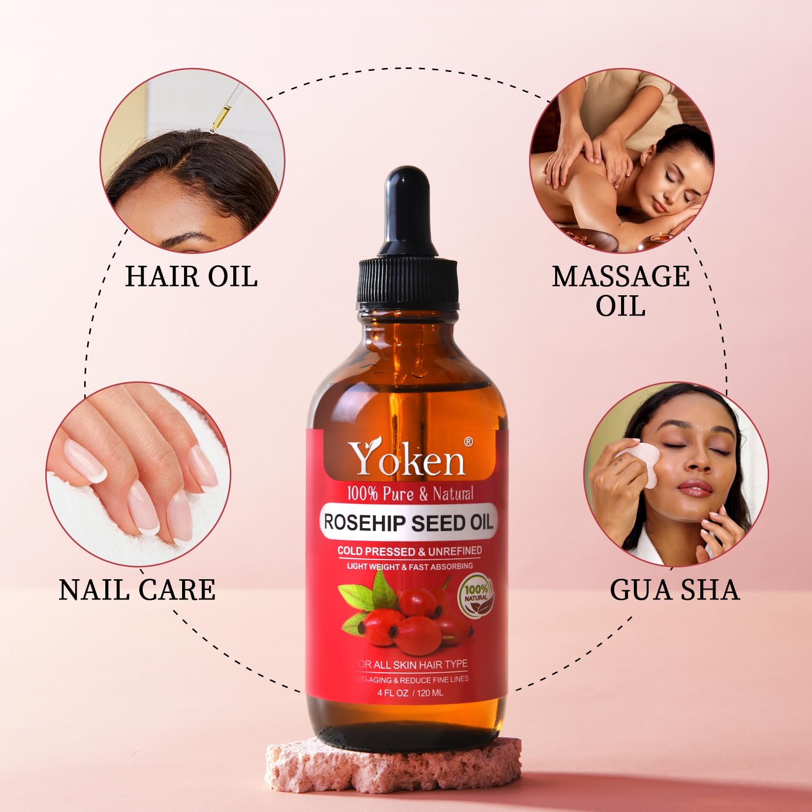Yoken Cold Pressed Organic Rosehip Seed Oil for Face, Hair & Body, 4 fl oz | Rosehip Oil for Face Hair Body and Nails Rich in Essential Fatty Acids Lightweight Moisturizing Carrier Oil