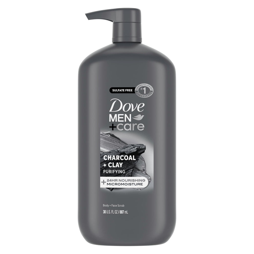 DOVE MEN + CARE Body and Face Scrub, Charcoal Body Wash, 30 oz | For rough skin, Helps exfoliate and hydrate, With charcoal + clay scrub, For daily showers, Micro moisture care