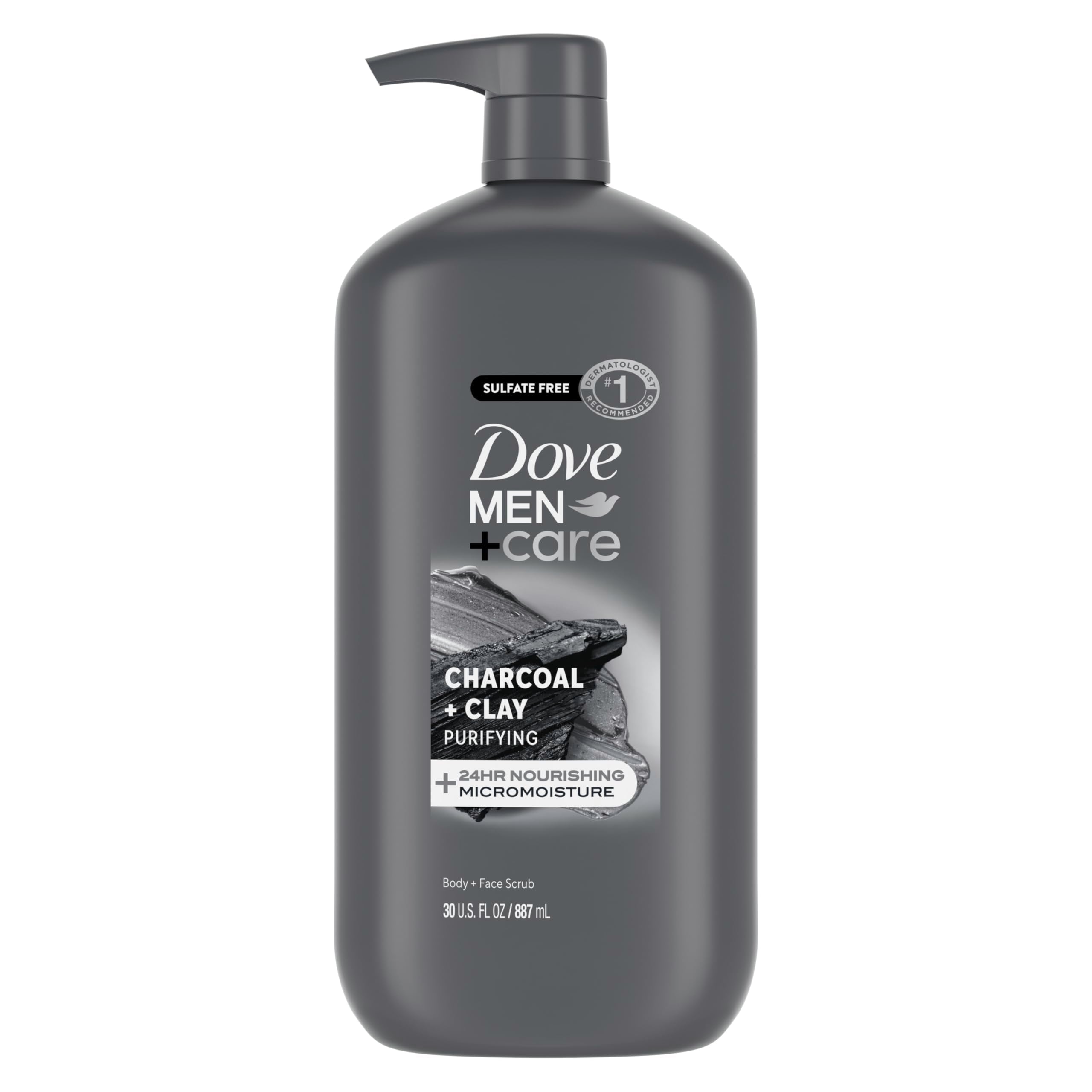 DOVE MEN + CARE Body and Face Scrub, Charcoal Body Wash, 30 oz | For rough skin, Helps exfoliate and hydrate, With charcoal + clay scrub, For daily showers, Micro moisture care