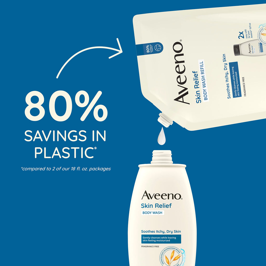 Aveeno Skin Relief Body Wash Refill, Fragrance-Free, 36 fl. oz | Triple Oat Formula, Gentle Daily Cleanser for Sensitive Skin, Leaves Itchy, Dry Skin Feeling Soothed & Moisturized