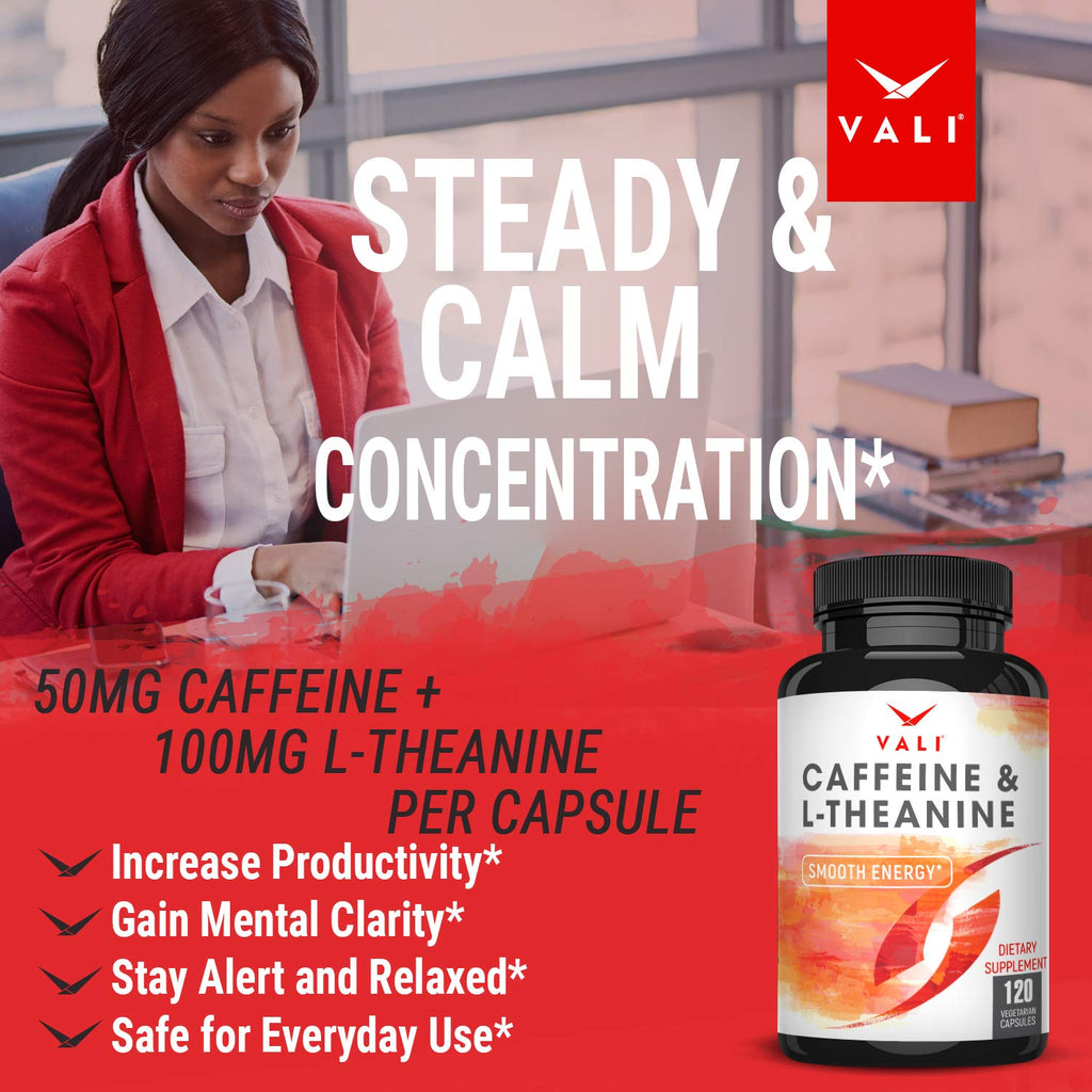 VALI Caffeine 50mg & L Theanine 100mg - Caffeine Pills & L-Theanine for Smart Smooth Energy & Focus Supplement. Nootropic Brain Booster Cognitive Support Stack & Focused Clarity. 120 Veggie Capsules
