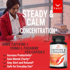 VALI Caffeine 50mg & L Theanine 100mg - Caffeine Pills & L-Theanine for Smart Smooth Energy & Focus Supplement. Nootropic Brain Booster Cognitive Support Stack & Focused Clarity. 120 Veggie Capsules