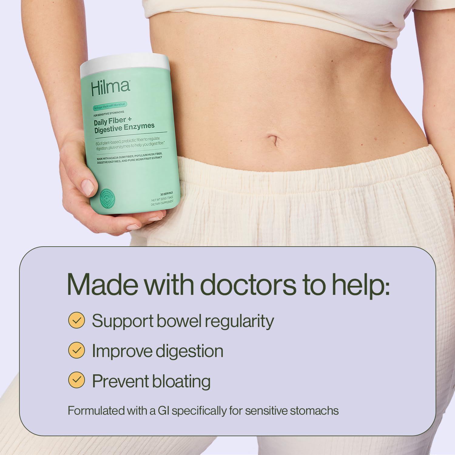 Hilma Daily Fiber and Digestive Enzymes Powder, Vegan, 30 Servings | Fiber Supplement with Digestive Enzymes & Prebiotic Soluble Fiber, Acacia Gum & Psyllium Husk, Regularity & Digestion Support