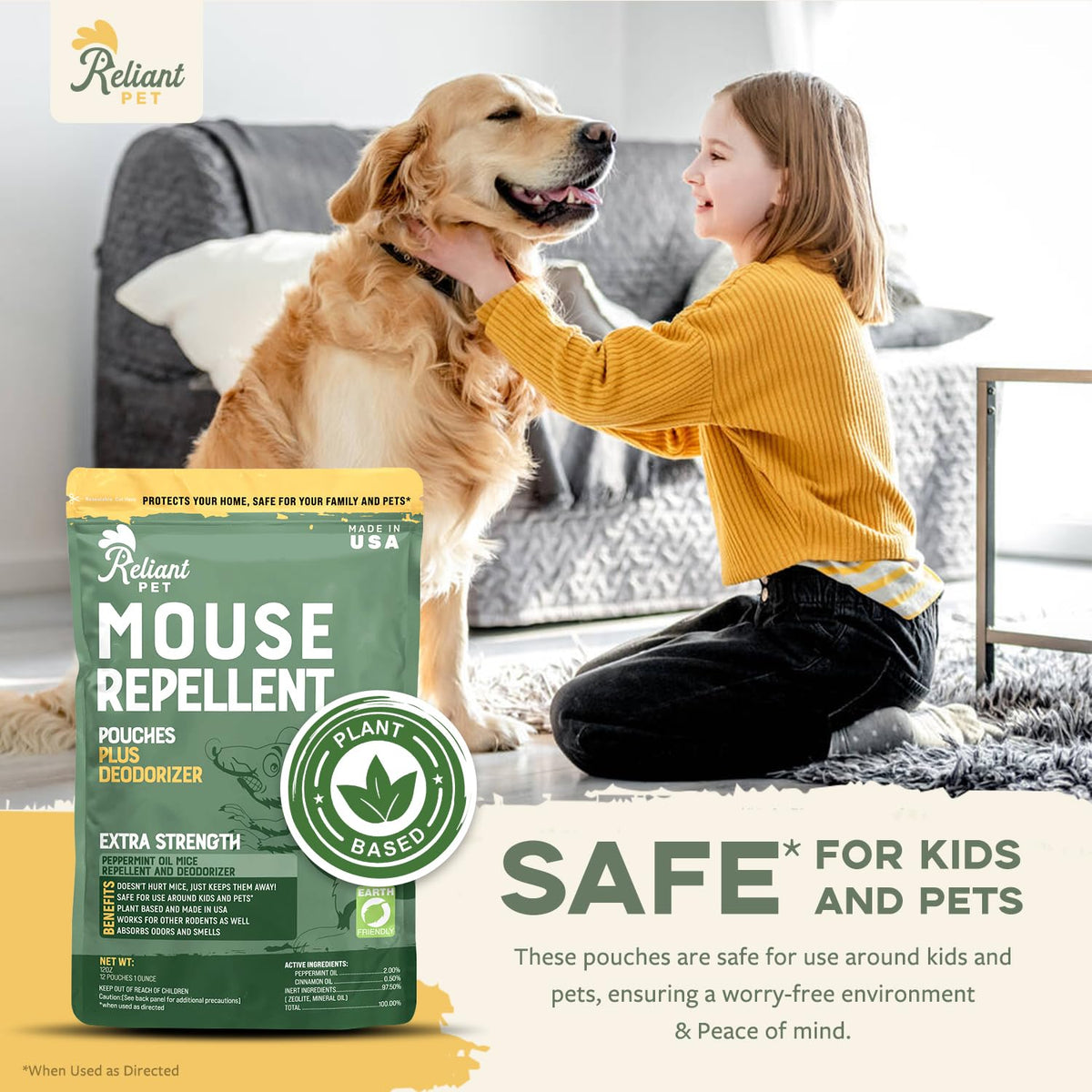 Reliant Pet Mouse Repellent Pouches - Rodent Repellent Made in USA (12 Pouches) - Keep Rodents Out of Cars Engines - Mice Repellent Indoor and Outdoor - Mouse Deterrents that Work with Peppermint Oil
