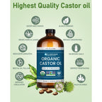 Florisan USDA Certified Organic Castor Oil 16oz Glass Bottle, Cold Pressed, Hexane-Free, Non-GMO, Vegan, 100% Pure Castor Oil for Hair Growth, Skin, Lashes, Eyebrows, EWG Verified