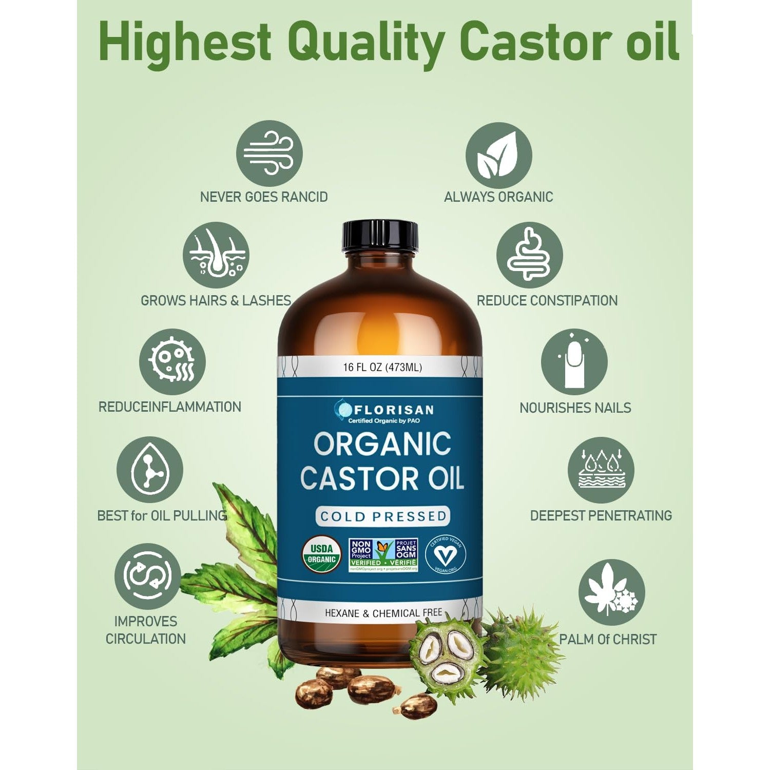 Florisan USDA Certified Organic Castor Oil 16oz Glass Bottle, Cold Pressed, Hexane-Free, Non-GMO, Vegan, 100% Pure Castor Oil for Hair Growth, Skin, Lashes, Eyebrows, EWG Verified