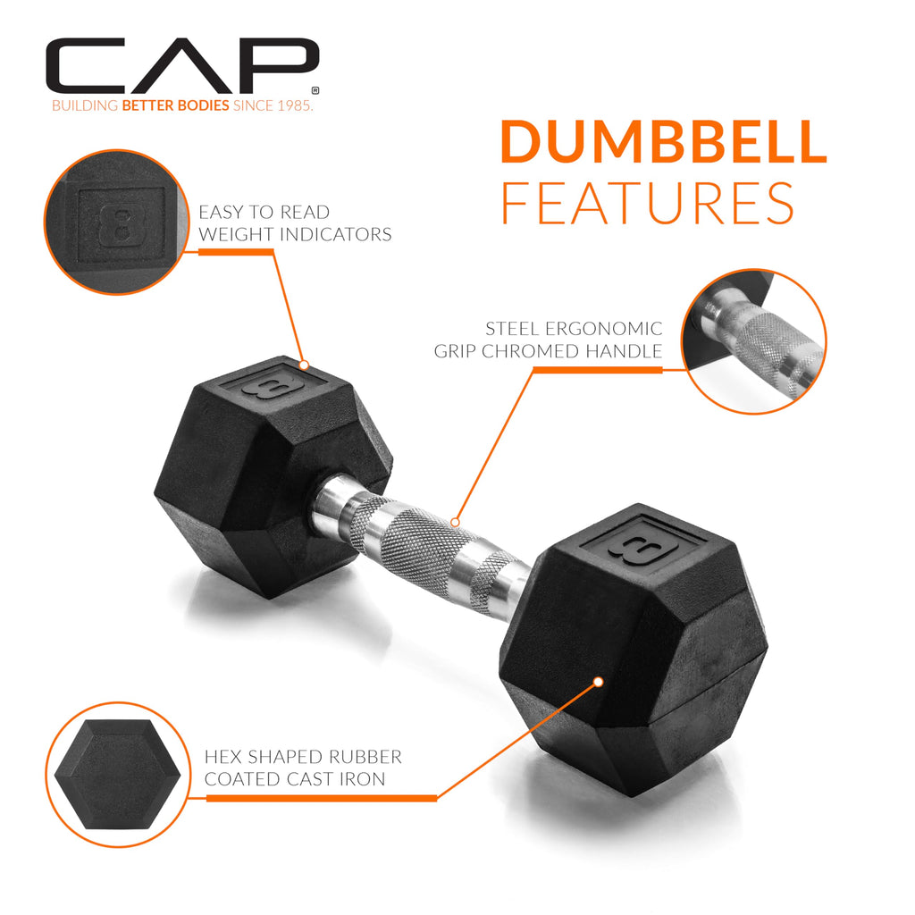 CAP 8 LB Rubber Coated Hex Dumbbell Weight, Rubber Hand Weights for Home Gym Strength Training, Chrome Handle, Pair