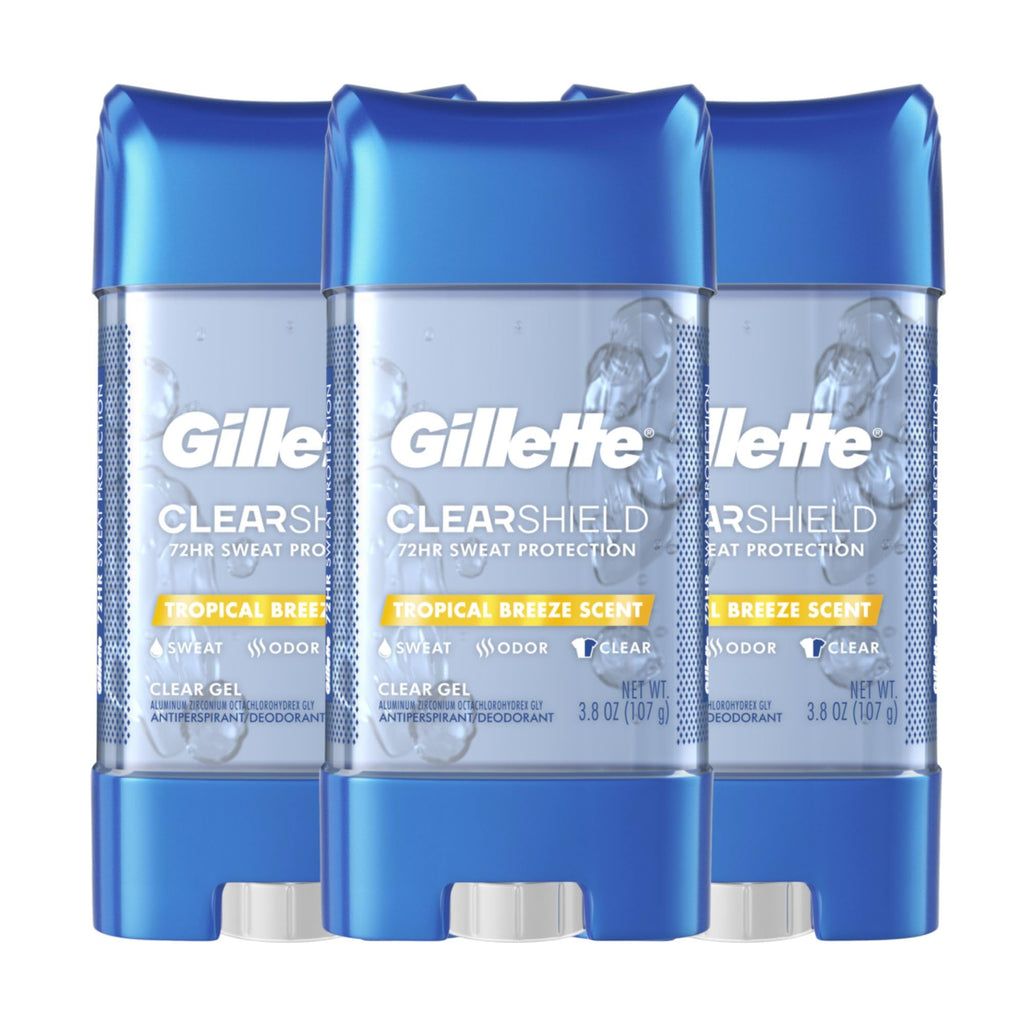 Buy now Gillette Antiperspirant and Deodorant for Men, 72hr Sweat & Odor Protection, Long Lasting Freshness, Anti-White Mark Technology, Clear Gel, Tropical Breeze Scent, 3.8 oz (Pack of 3) at indiglob india