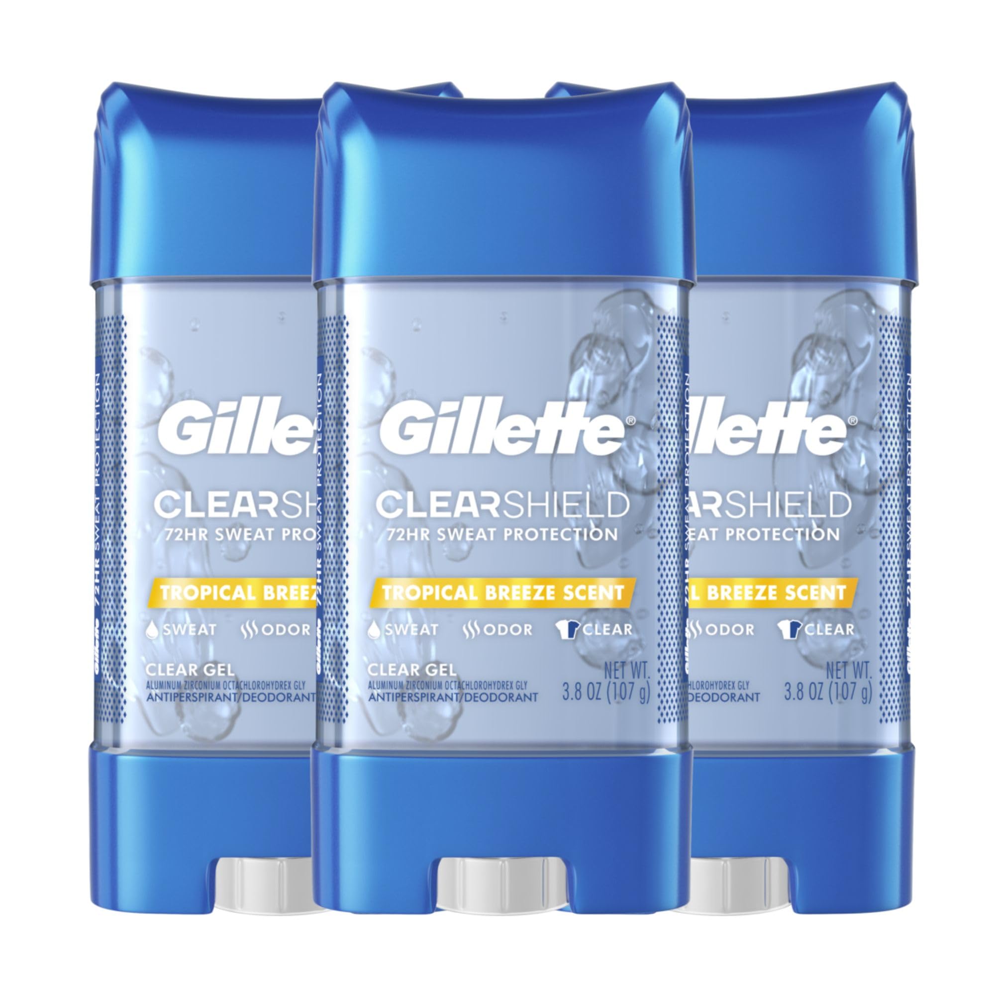 Buy now Gillette Antiperspirant and Deodorant for Men, 72hr Sweat & Odor Protection, Long Lasting Freshness, Anti-White Mark Technology, Clear Gel, Tropical Breeze Scent, 3.8 oz (Pack of 3) at indiglob india
