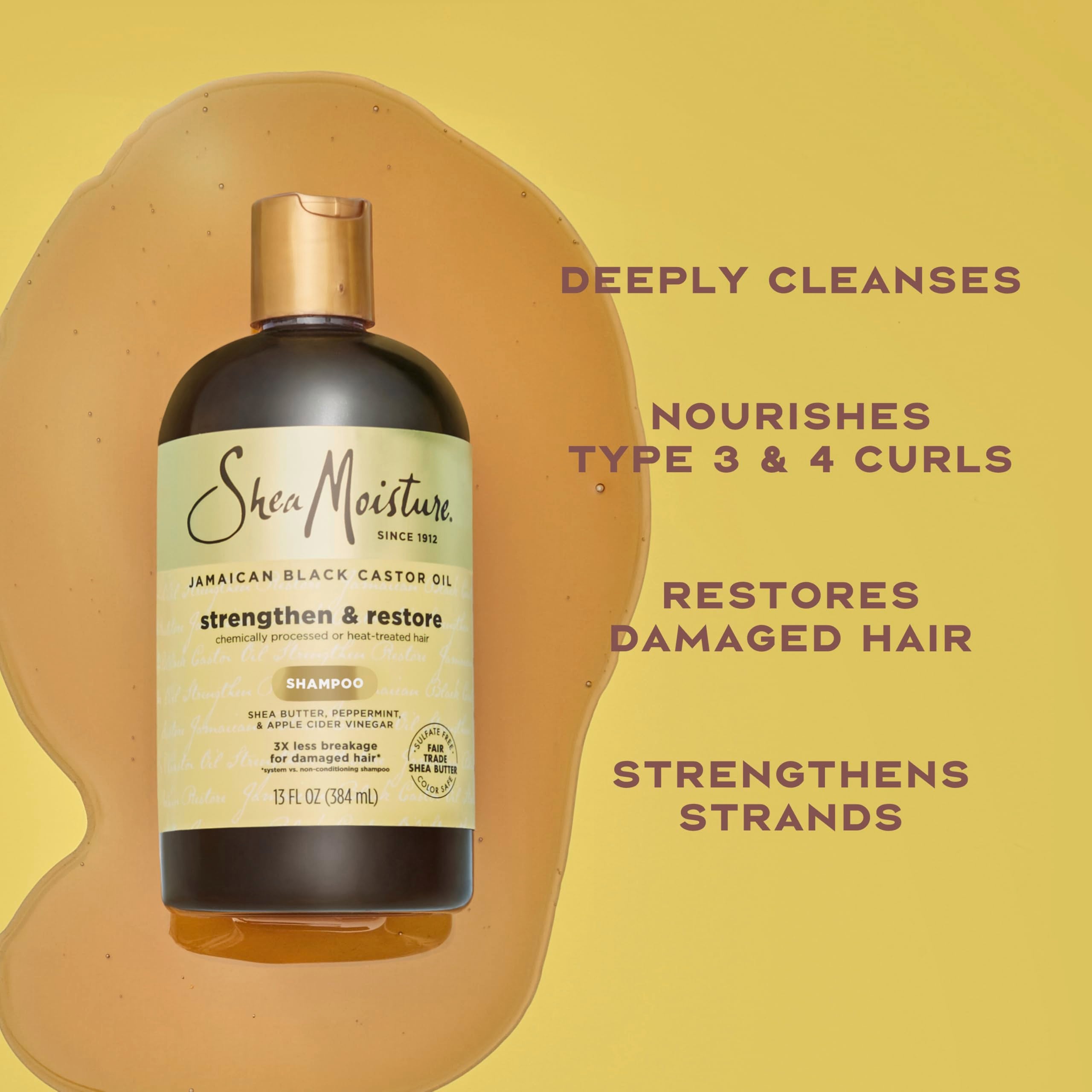 Shea Moisture Strengthen and Restore Shampoo for Damaged Hair 100% Pure Jamaican Black Castor Oil Cleanse and Nourish 13 oz | For damaged hair - remove build up, strengthen, and restore hair with Shea Butter, Peppermint, and Apple Cider Vinegar.