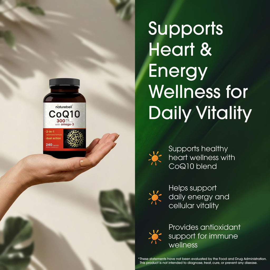 NatureBell CoQ10 300mg - 240 Capsules - High-Potency Support for Healthy Heart - Daily Energy & Vitality Aid with Antioxidant Support - Easily Absorbed Ubiquinone & Omega-3*
