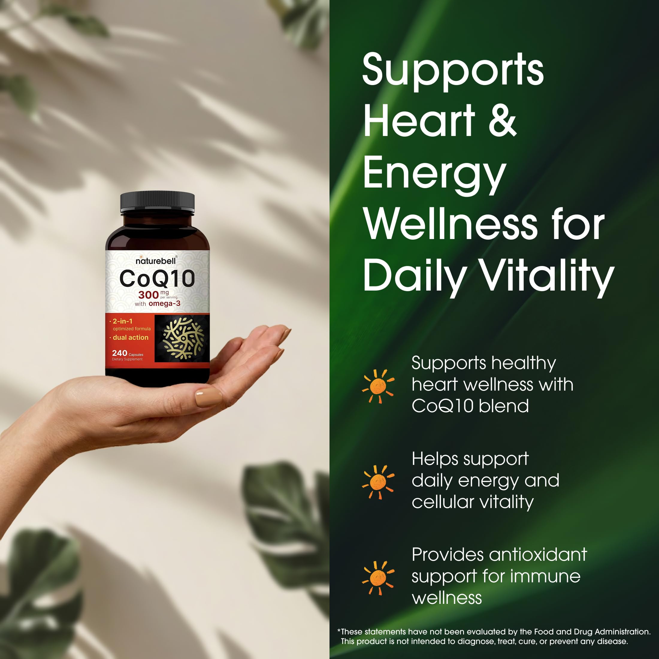 NatureBell CoQ10 300mg - 240 Capsules - High-Potency Support for Healthy Heart - Daily Energy & Vitality Aid with Antioxidant Support - Easily Absorbed Ubiquinone & Omega-3*