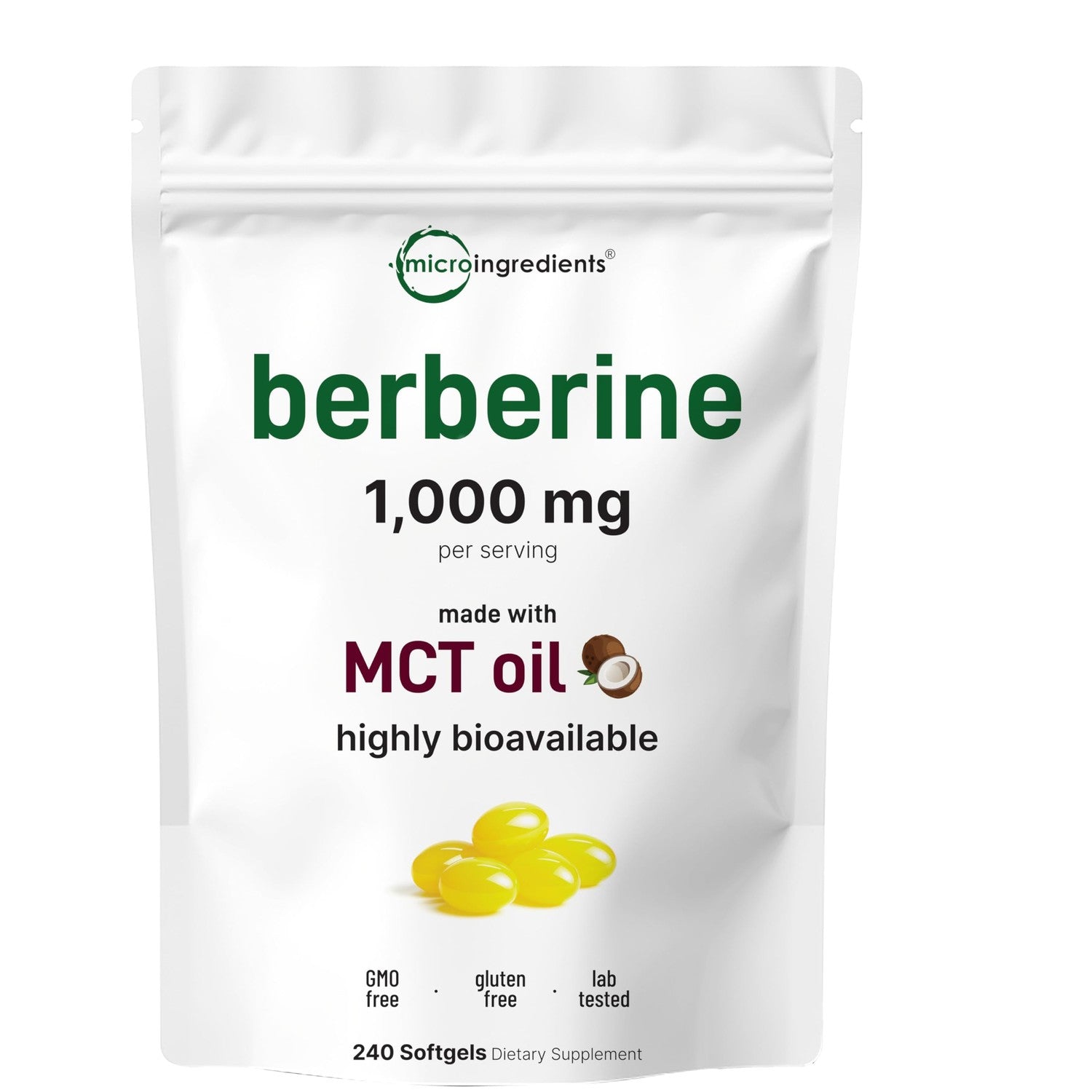 Micro Ingredients Berberine 1000mg with MCT Oil, 240 Softgels | Berberine HCl Supplement | Sourced from Berberis Aristata | Non-GMO, Gluten Free, No Soy