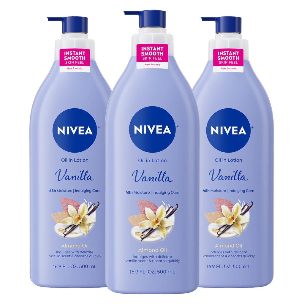 Buy now NIVEA Oil Infused Vanilla and Almond Oil Body Lotion for Women, Fast-Absorbing and Non-Greasy Vanilla Scented Lotion Moisturizes for 48 Hours, 16.9 Fl Oz Pump Bottle, Pack of 3 at indiglob india