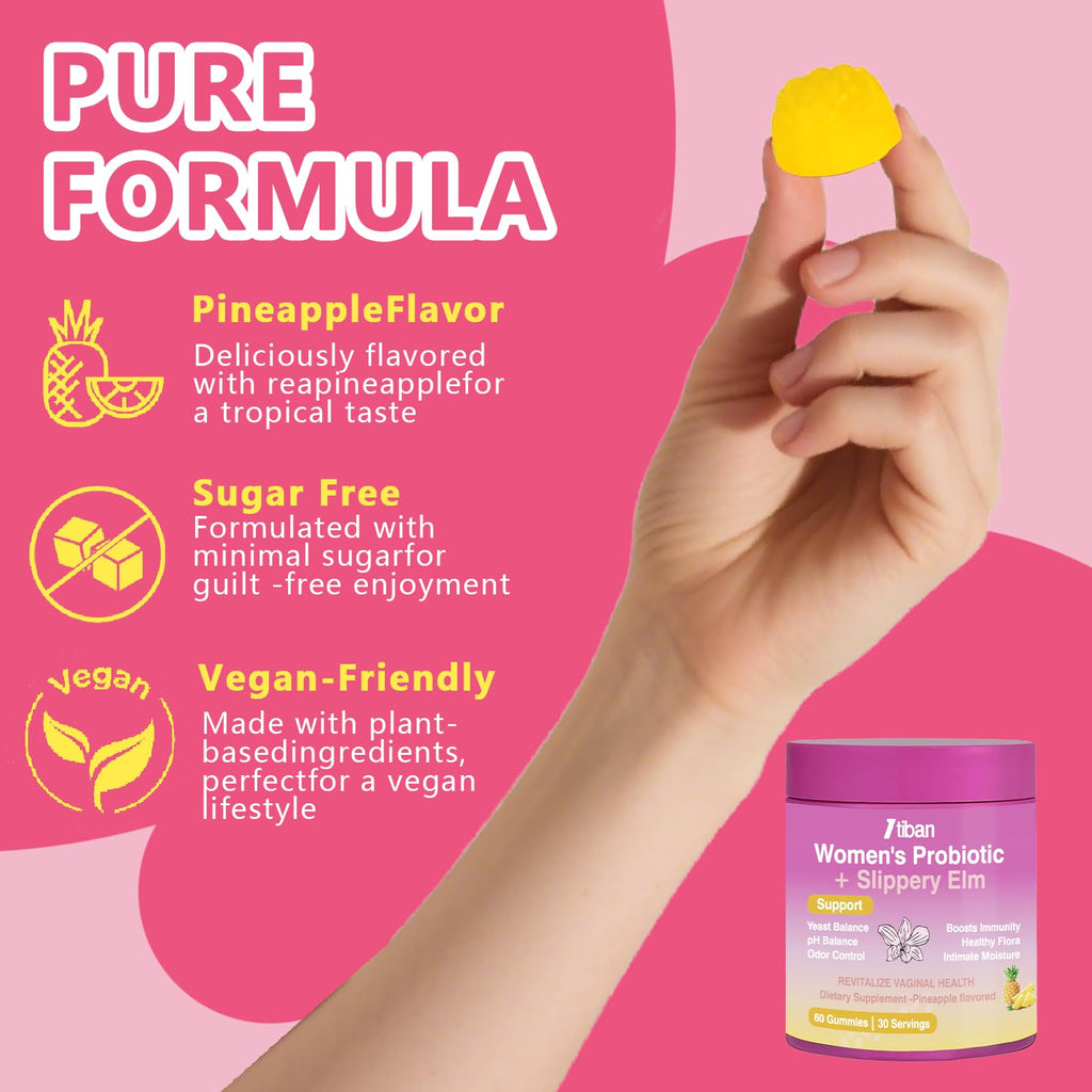 Feminine Vaginal Probiotics Gummies, Supports pH Balance & Digestive Health, Slippery Elm for Women, Suagr-Free, Veagn, Pineapple Flavor, 60 Count
