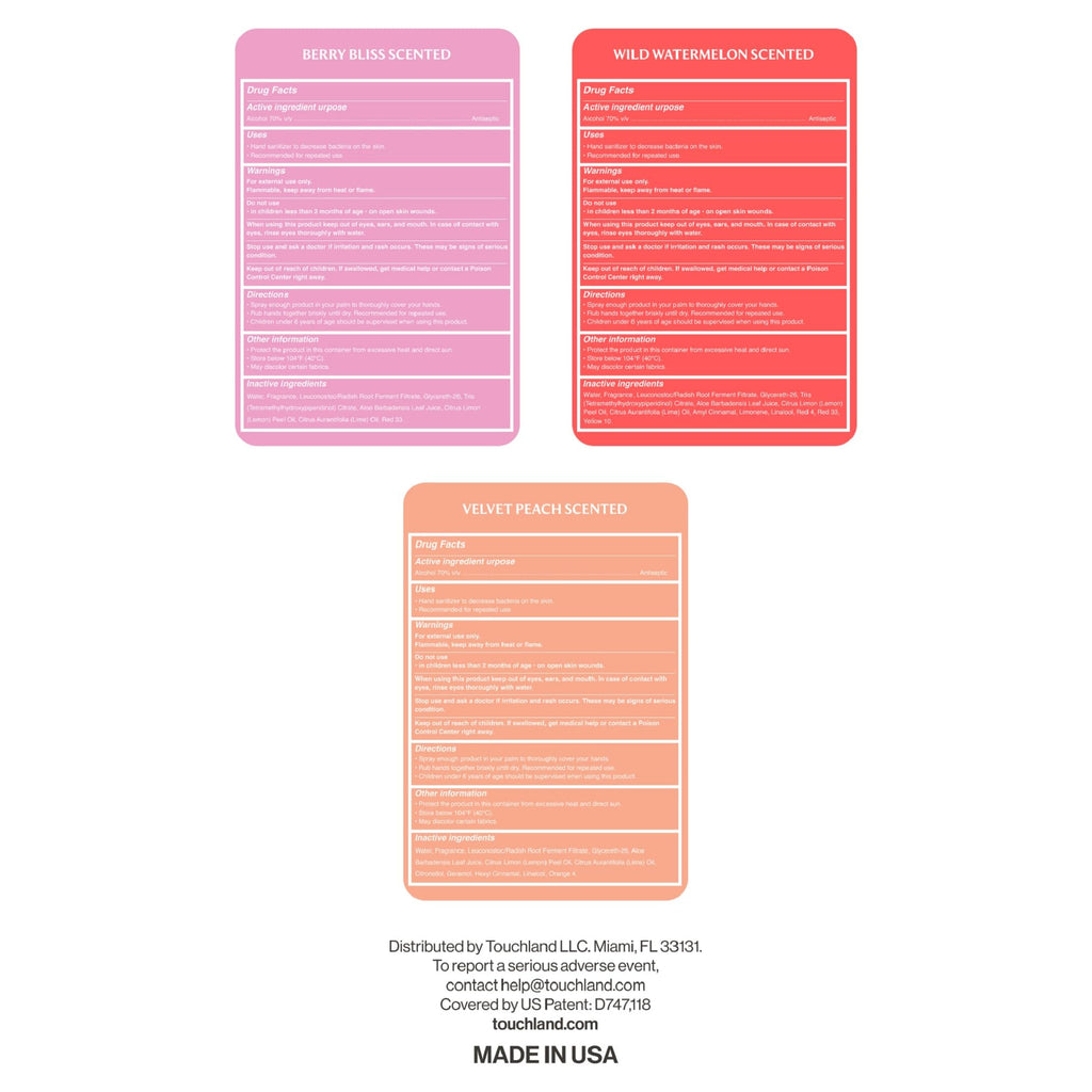 Buy now Touchland Hydrating Hand Sanitizer Spray, JUICY Trio Set (Watermelon, Peach, Berry), 1 FL. OZ. Travel Size Power Mist Sprays (Set of 3) at indiglob india