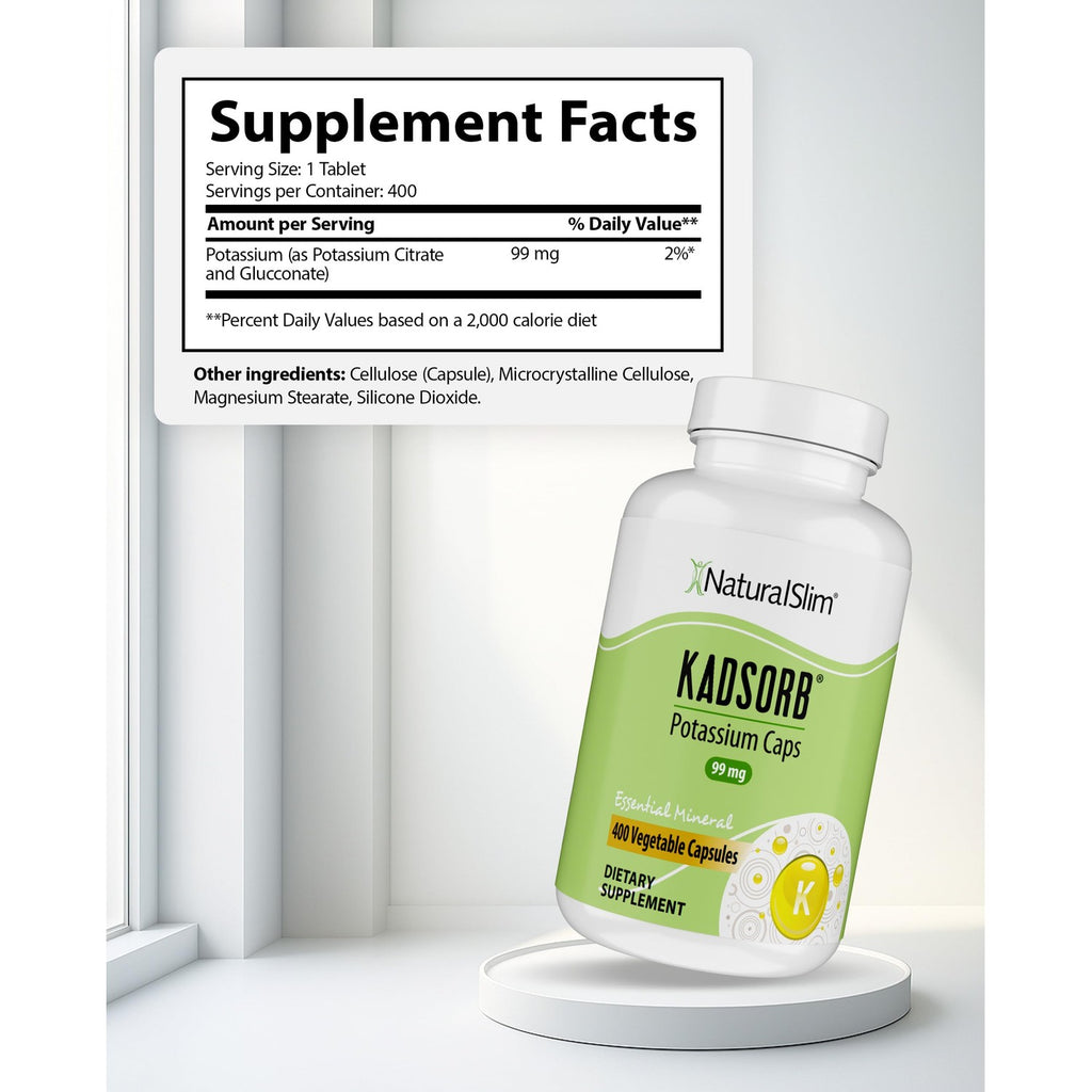 NaturalSlim Kadsorb Potassium Citrate Gluconate 99 mg, 400 Capsules 1 Pack | Supports Electrolyte Balance and Normal pH, Absorbable Potassium Supplements with Essential Minerals, Non GMO