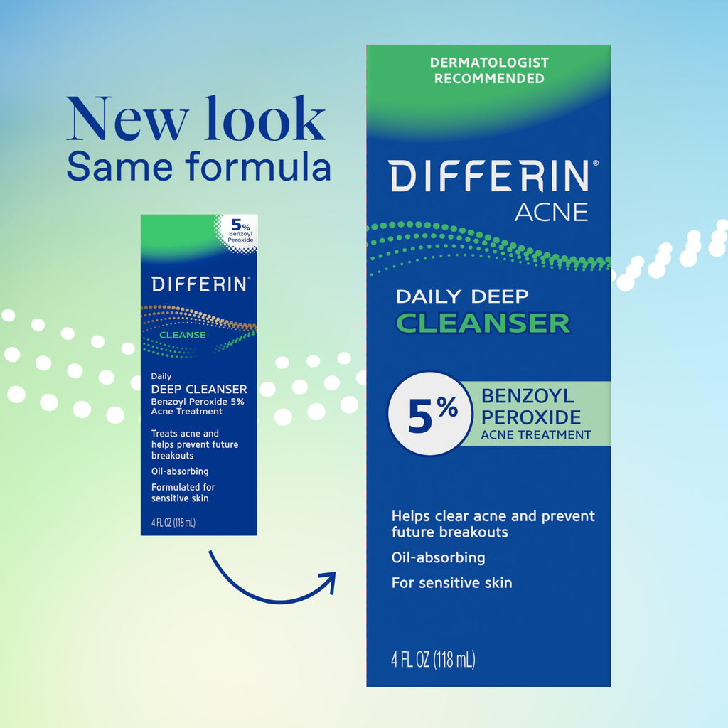 Differin Acne Face Wash, 5% Benzoyl Peroxide Daily Cleanser, 4oz | Gentle Acne Cleanser, Clears Breakouts, Sensitive Skin Safe, Benzoyl Peroxide Formula, Daily Use, 4 Oz