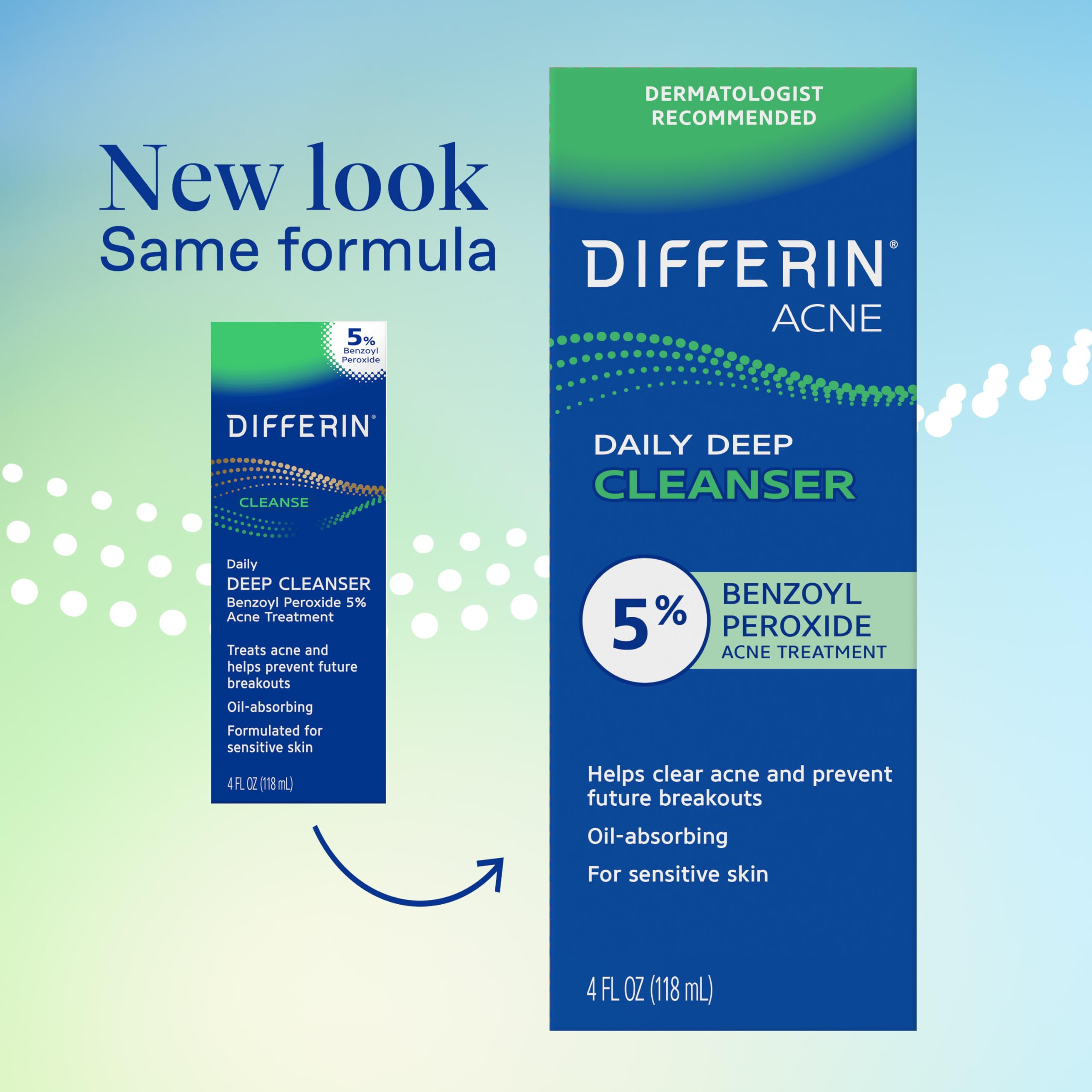 Differin Acne Face Wash, 5% Benzoyl Peroxide Daily Cleanser, 4oz | Gentle Acne Cleanser, Clears Breakouts, Sensitive Skin Safe, Benzoyl Peroxide Formula, Daily Use, 4 Oz