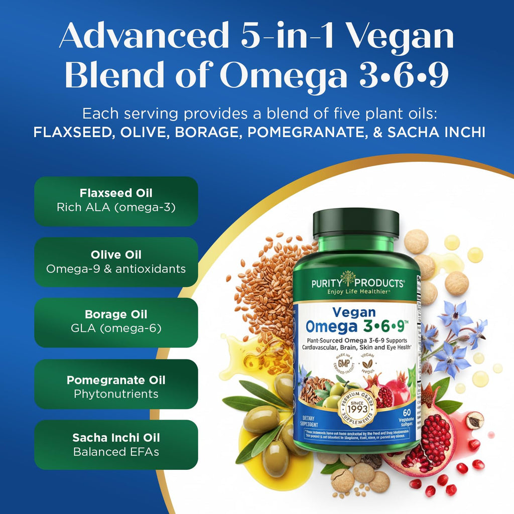 Purity Products Omega 3-6-9, "5 in 1 Vegan and Vegetarian Formula | Essential Fatty Acid Complex - Scientifically Formulated Plant-Based Omega 3 6 9 Essential Fatty Acids (EFA) - 60 Softgels