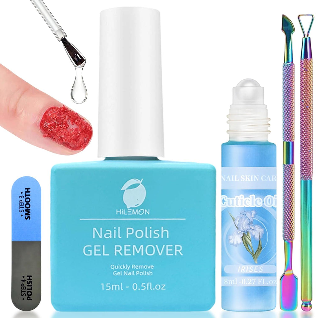 Gel Polish Remover 15ml, Easy Gel Remover with Cuticle Oil 4-Way Nail File