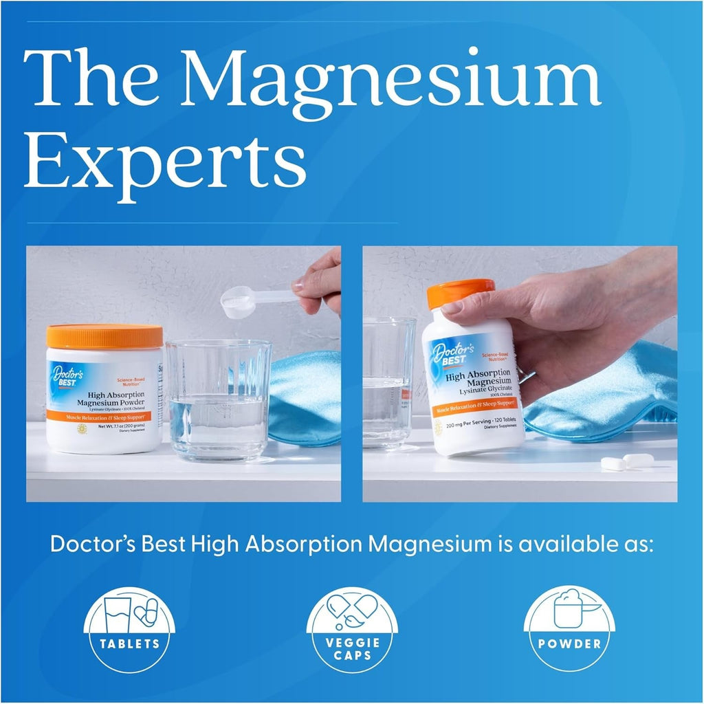 Buy now Doctorâ€™s Best High Absorption Magnesium Glycinate Lysinate Supplement - 100% Chelated for Maximum Absorption - Magnesium for Sleep and Muscle Relaxation - 200 Mg Per Serving - 240 Tablets at indiglob india