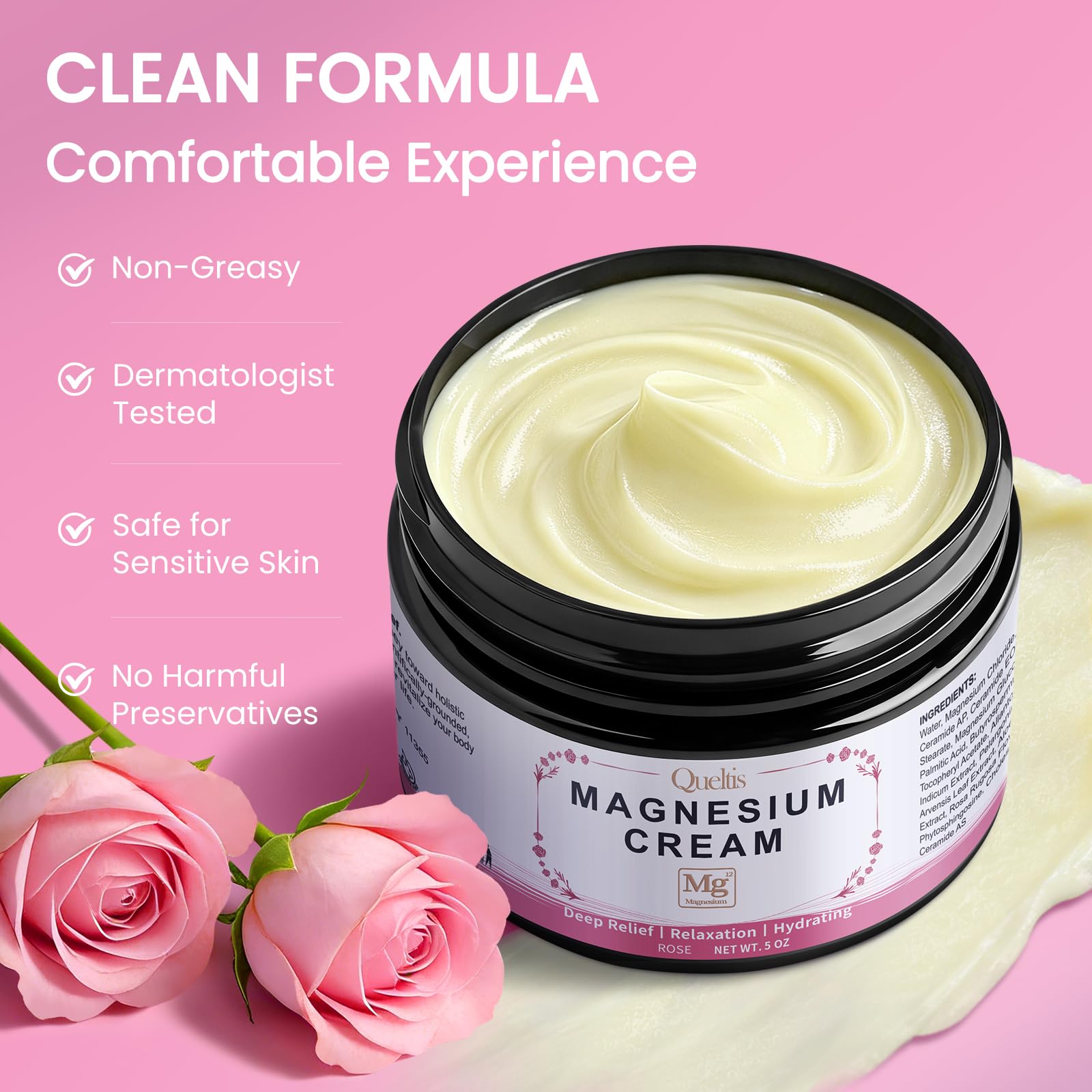Magnesium Lotion, Magnesium Cream for Sleep, Pain & Leg Cramps, Topical Magnesium Chloride Cream for Muscle Relaxation, Calming, Moisturizing - Skin-Friendly & Safe for Kids | 5OZ (Rose)